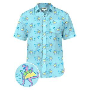 Tipsy Elves Mens Button-Up Shirt Tacosaurus Blue Tropical Dinosaur Mens XXL NEW